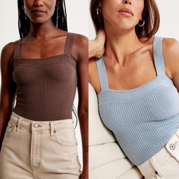 NEW Abercrombie & Fitch SET OF 2 Light Blue & Brown Ribbed Bodysuits Size S - Picture 1 of 8